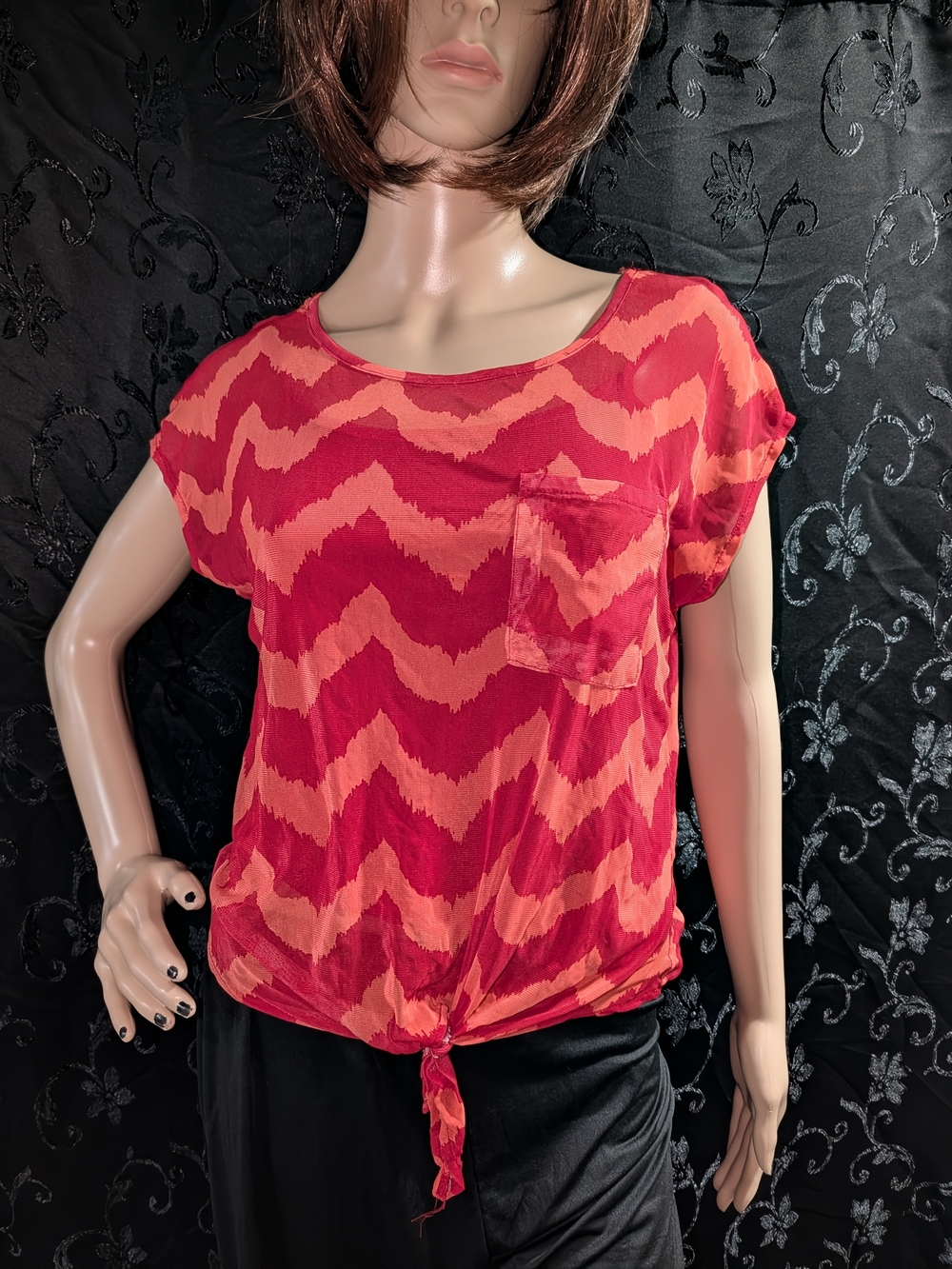French Connection Red and Coral Chevron Tie-Front Tee